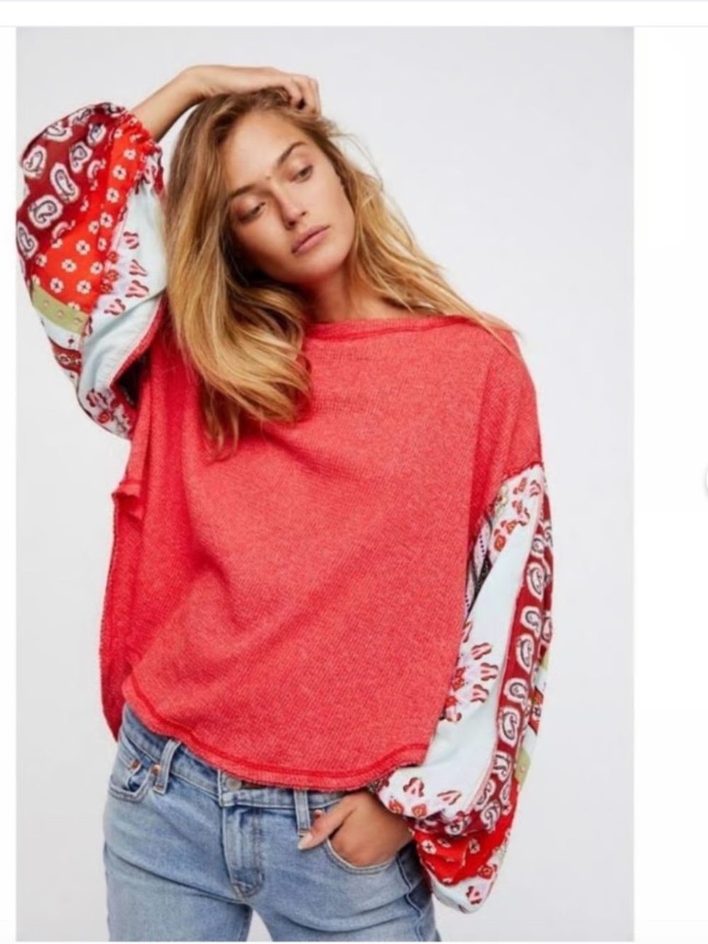 We The Free Blossom Thermal in Red Boho Paisley with  Balloon Sleeves